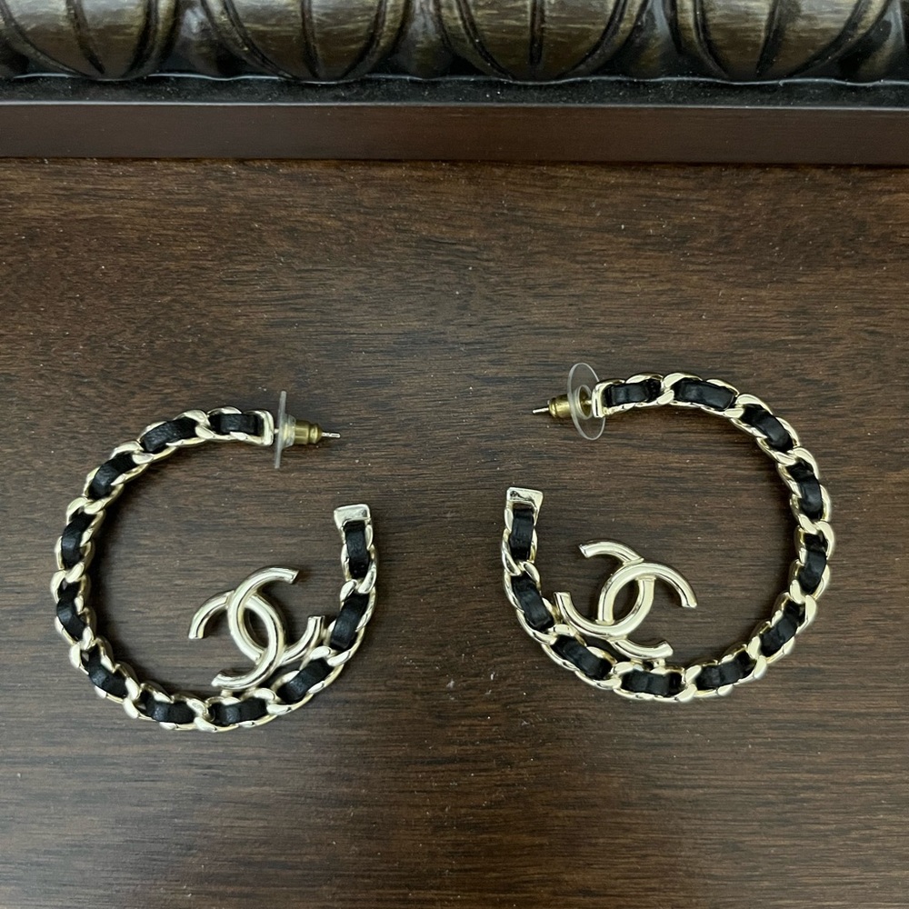 CHANEL Gold and Black Leather Chain Hoop Earrings